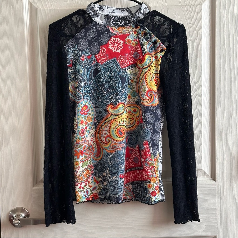 Multicolor Whimsigoth Paisley Lace Sleeve Top Women’s Size Medium